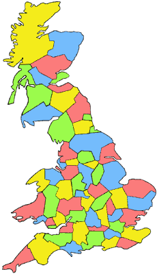Достаточно четырех цветов, чтобы раскрасить карту Великобритании так, что никакие два соседних графства не окрашены в один цвет. Так можно раскрасить любую карту на плоскости. Теорема была сформулирована в 1852 г. и доказана в 1976 г. с использованием компьютера (рис. из книги Саймона Сингха «Великая теорема Ферма», МЦНМО, 2000)